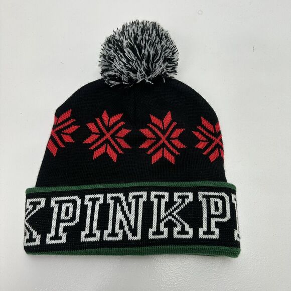 Victorias Secret PINK Beanie Hat Winter Cap Black Red Snowflakes Knit - Picture 7 of 10